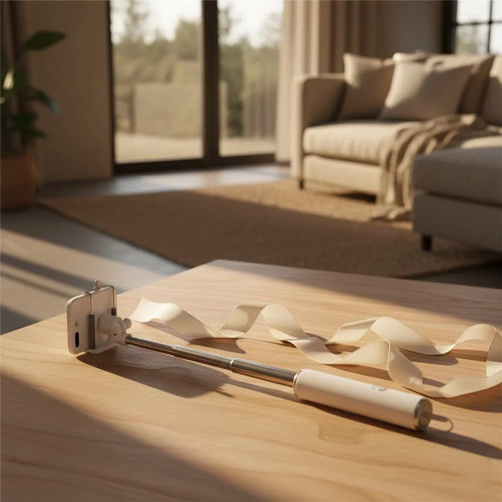 Person taking a selfie with a selfie stick against a scenic background