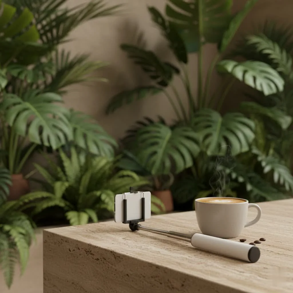 Person taking a selfie with a selfie stick in a scenic outdoor location