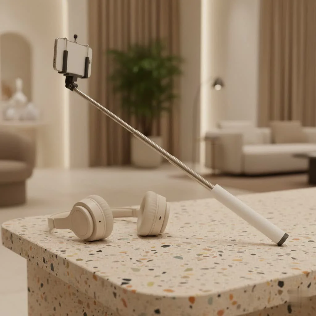 Person holding a selfie stick with an integrated light, capturing a well-lit photo