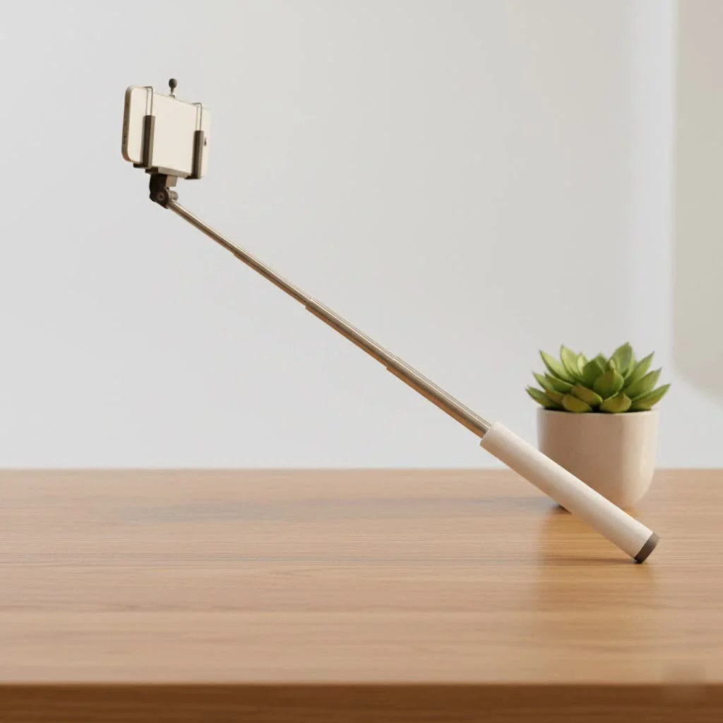 GoPro camera mounted on an extended selfie stick capturing a scenic view