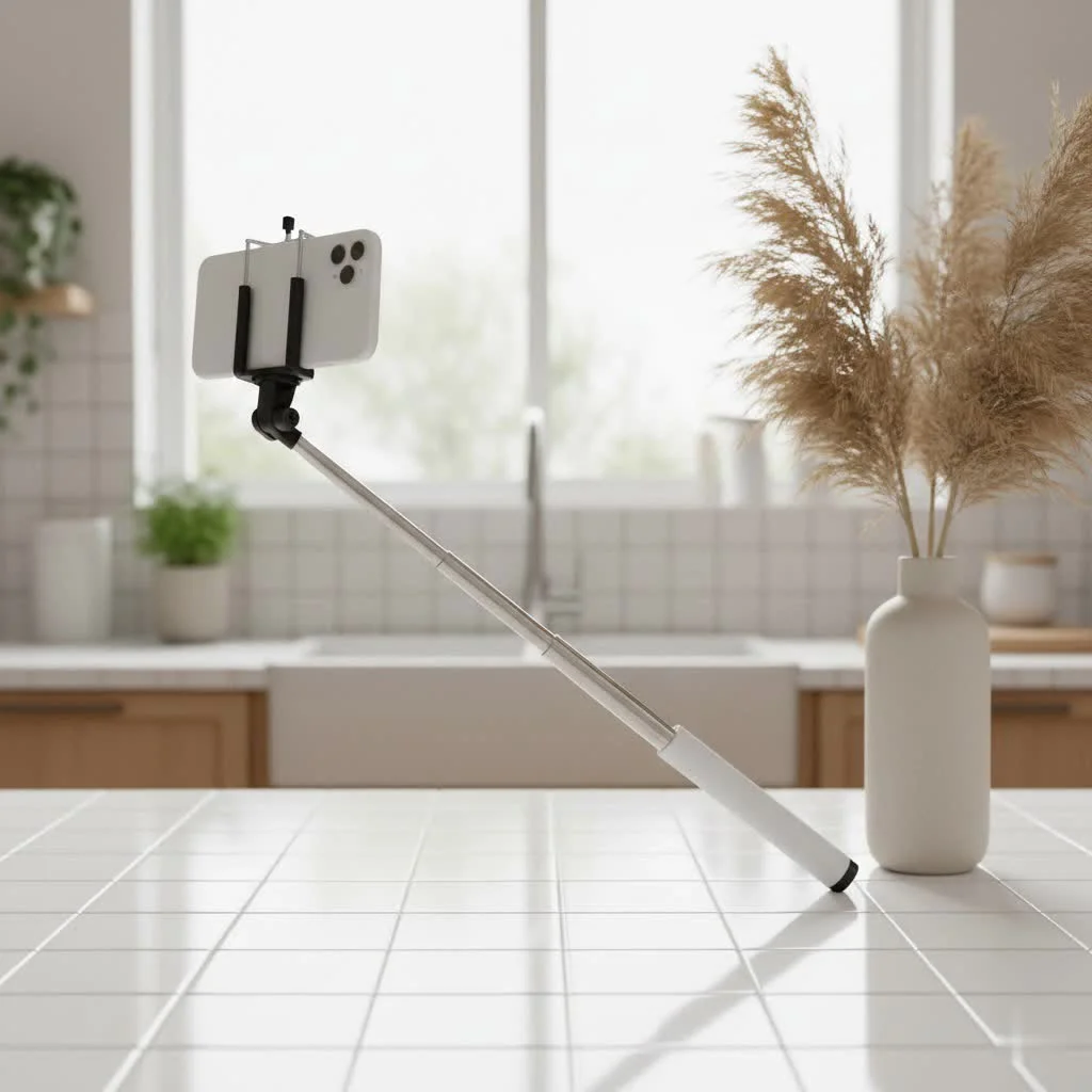 Person taking a selfie with a foldable selfie stick outdoors