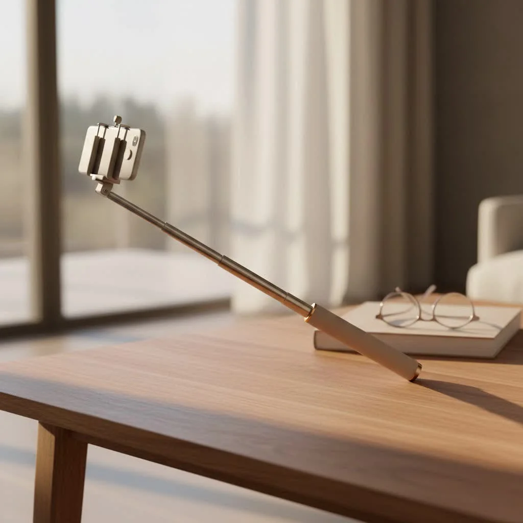 Person using a selfie stick with Bluetooth remote to take a photo
