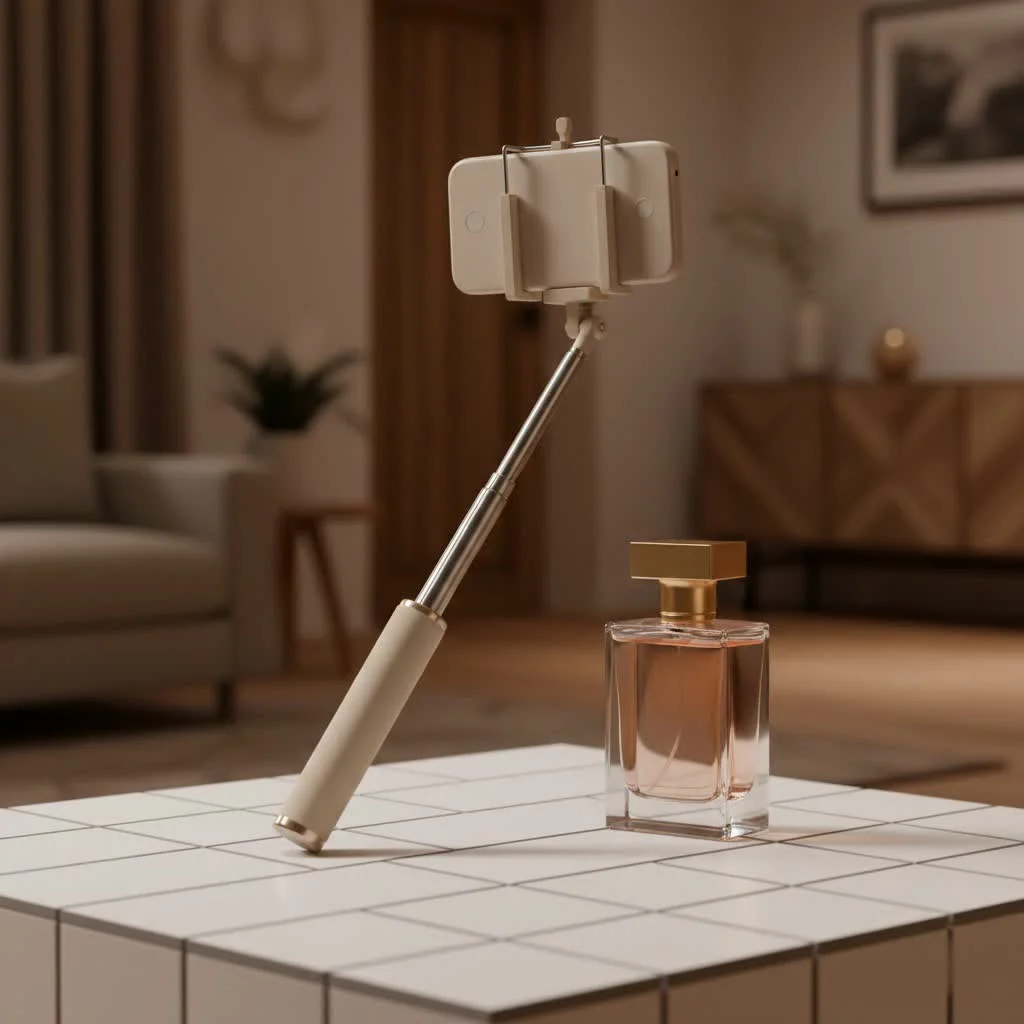 Person taking a selfie with an Android phone and a selfie stick