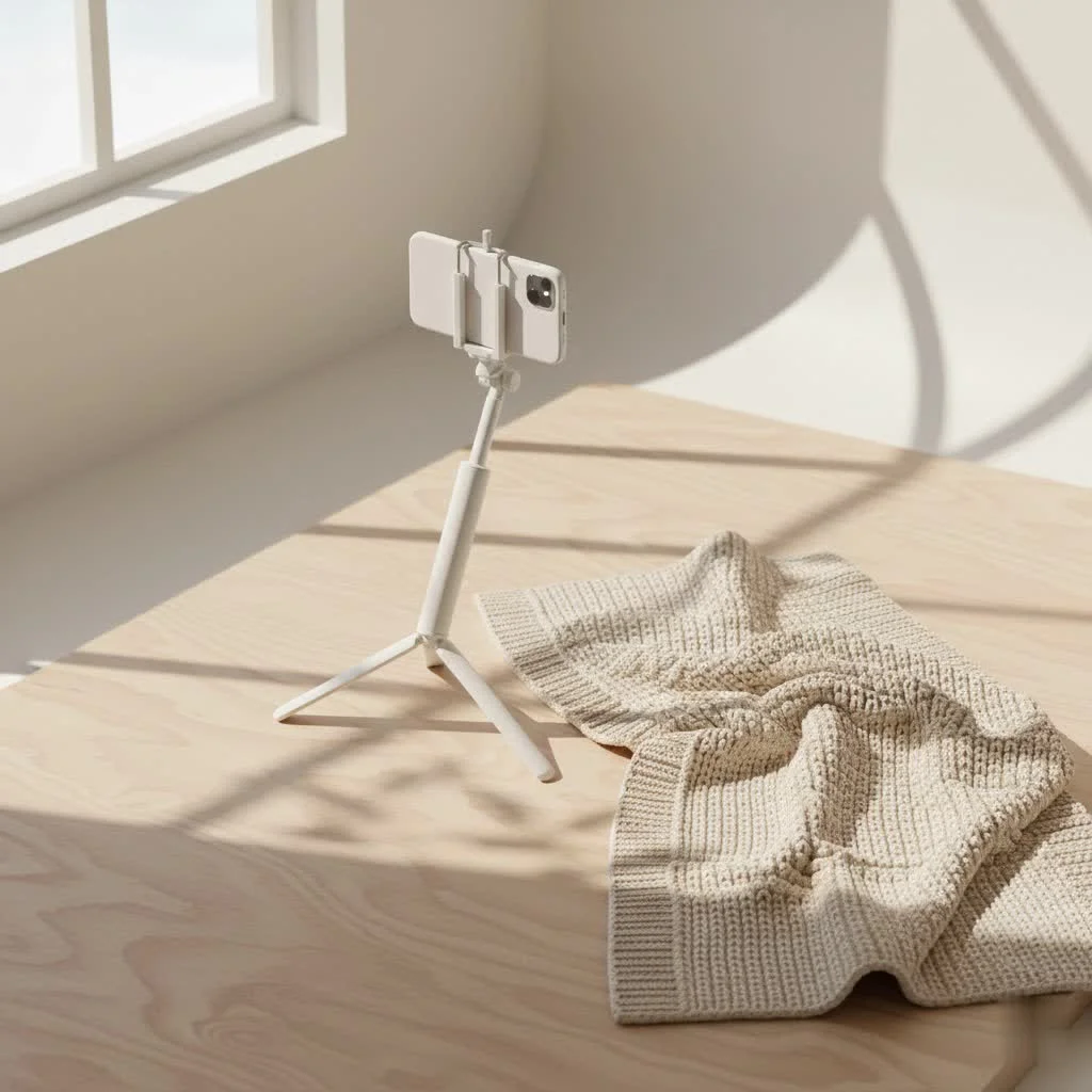 Person holding a smartphone on an extendable selfie stick for vlogging