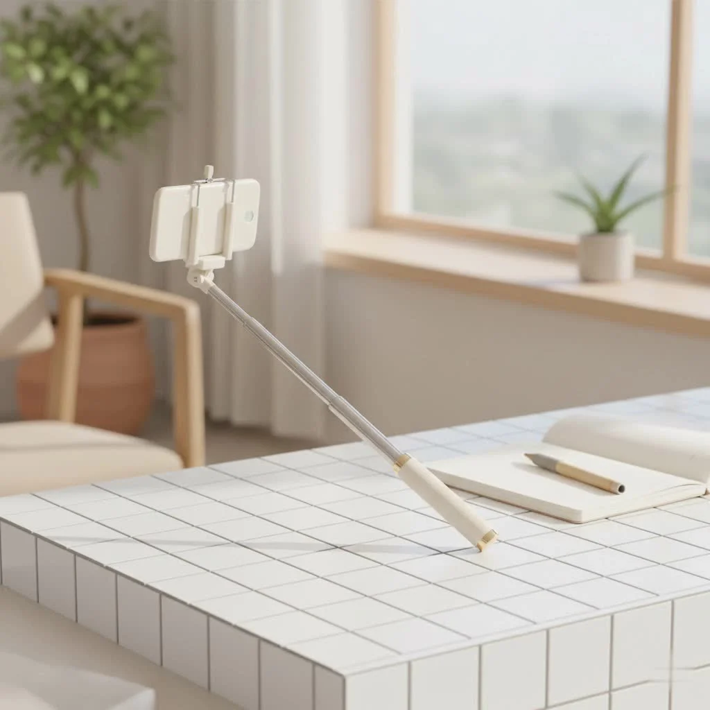 Person using an iPad selfie stick to capture a wide-angle photo